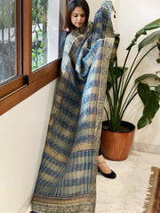 Ajrakh Handblock Printed Organza Crepe Dupatta with Banarasi Border - Masakalee