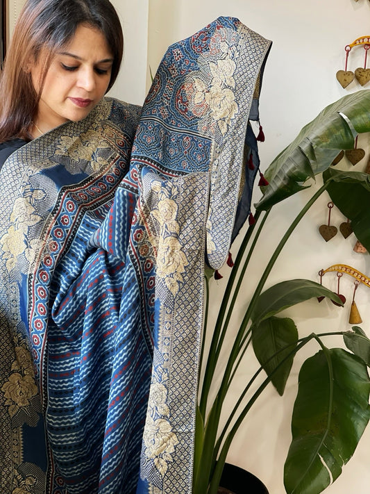 Ajrakh Handblock Printed Organza Crepe Dupatta with Banarasi Border - Masakalee