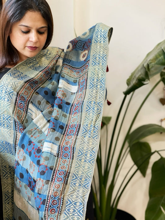Ajrakh Handblock Printed Organza Crepe Dupatta with Banarasi Border - Masakalee
