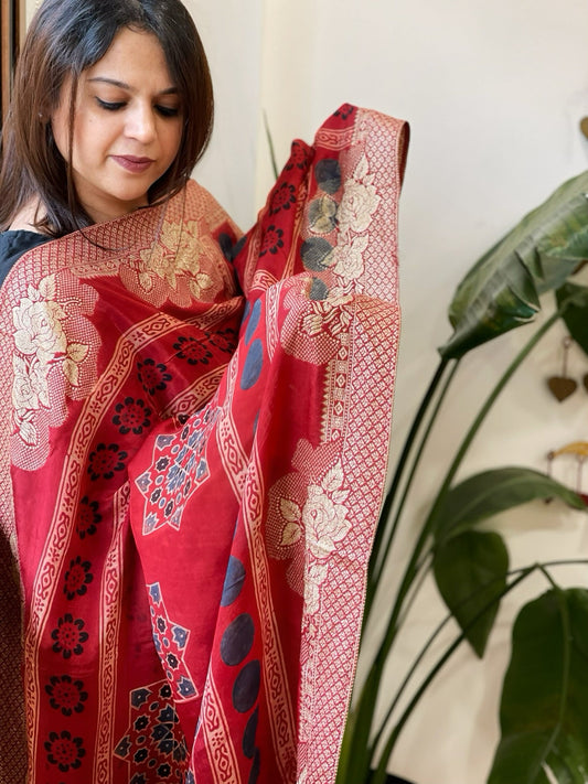 Ajrakh Handblock Printed Organza Crepe Dupatta with Banarasi Border - Masakalee