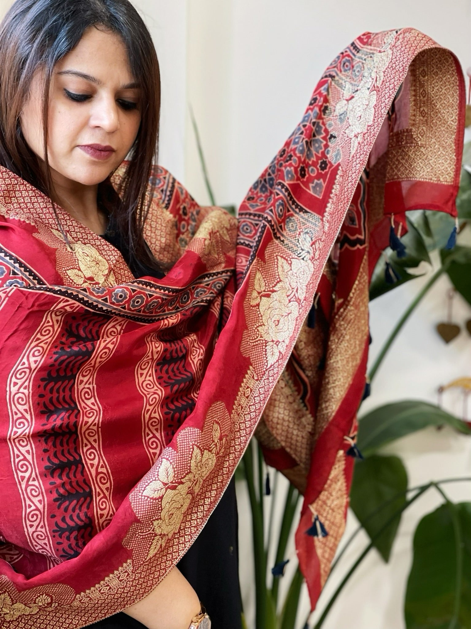 Ajrakh Handblock Printed Organza Crepe Dupatta with Banarasi Border - Masakalee