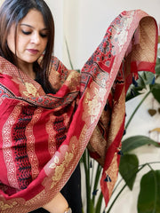 Ajrakh Handblock Printed Organza Crepe Dupatta with Banarasi Border - Masakalee