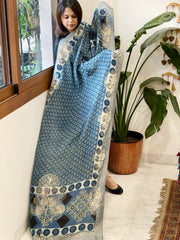 Ajrakh Handblock Printed Organza Crepe Dupatta with Banarasi Border - Masakalee