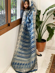 Ajrakh Handblock Printed Organza Crepe Dupatta with Banarasi Border - Masakalee