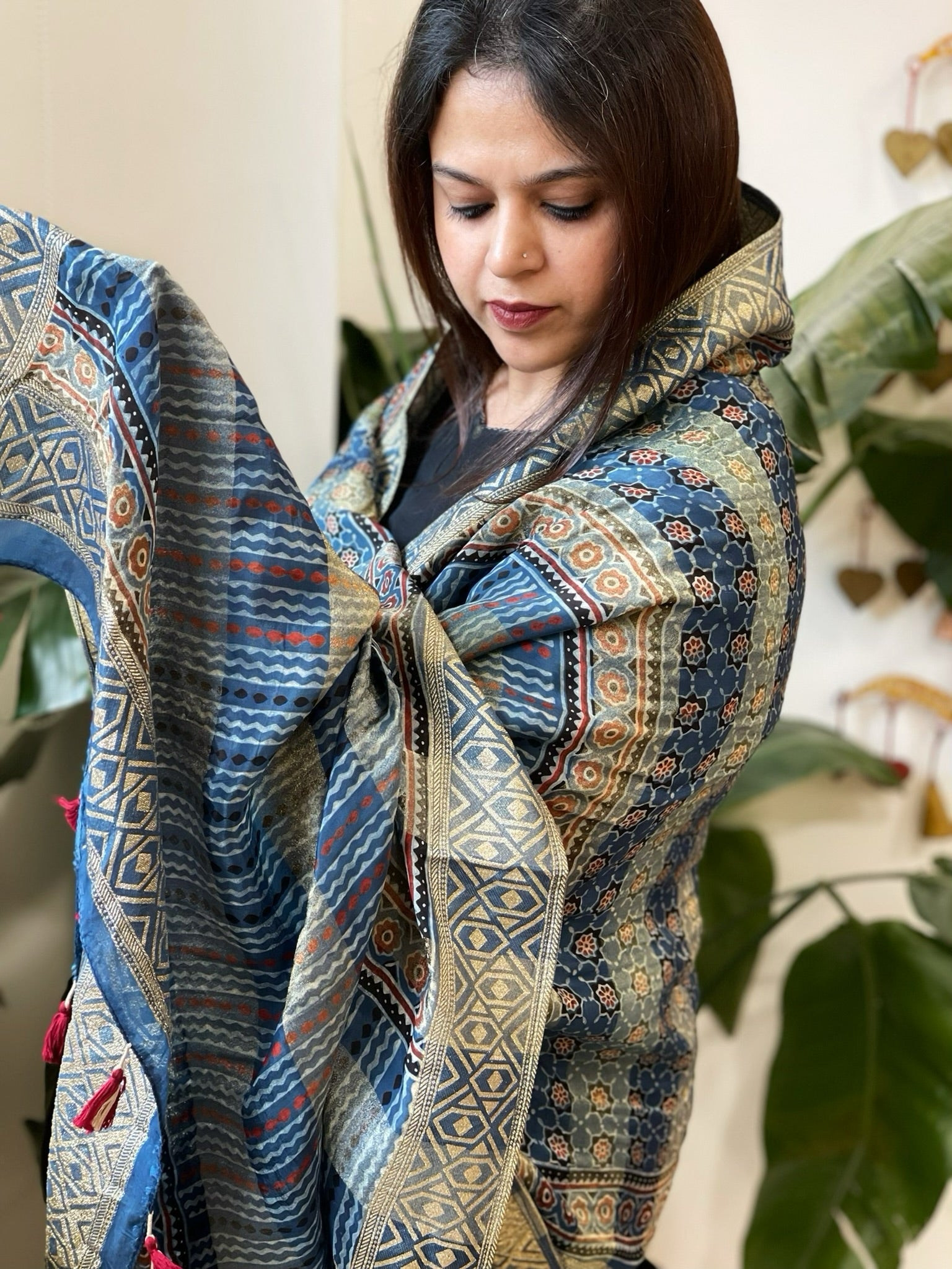 Ajrakh Handblock Printed Organza Crepe Dupatta with Banarasi Border - Masakalee