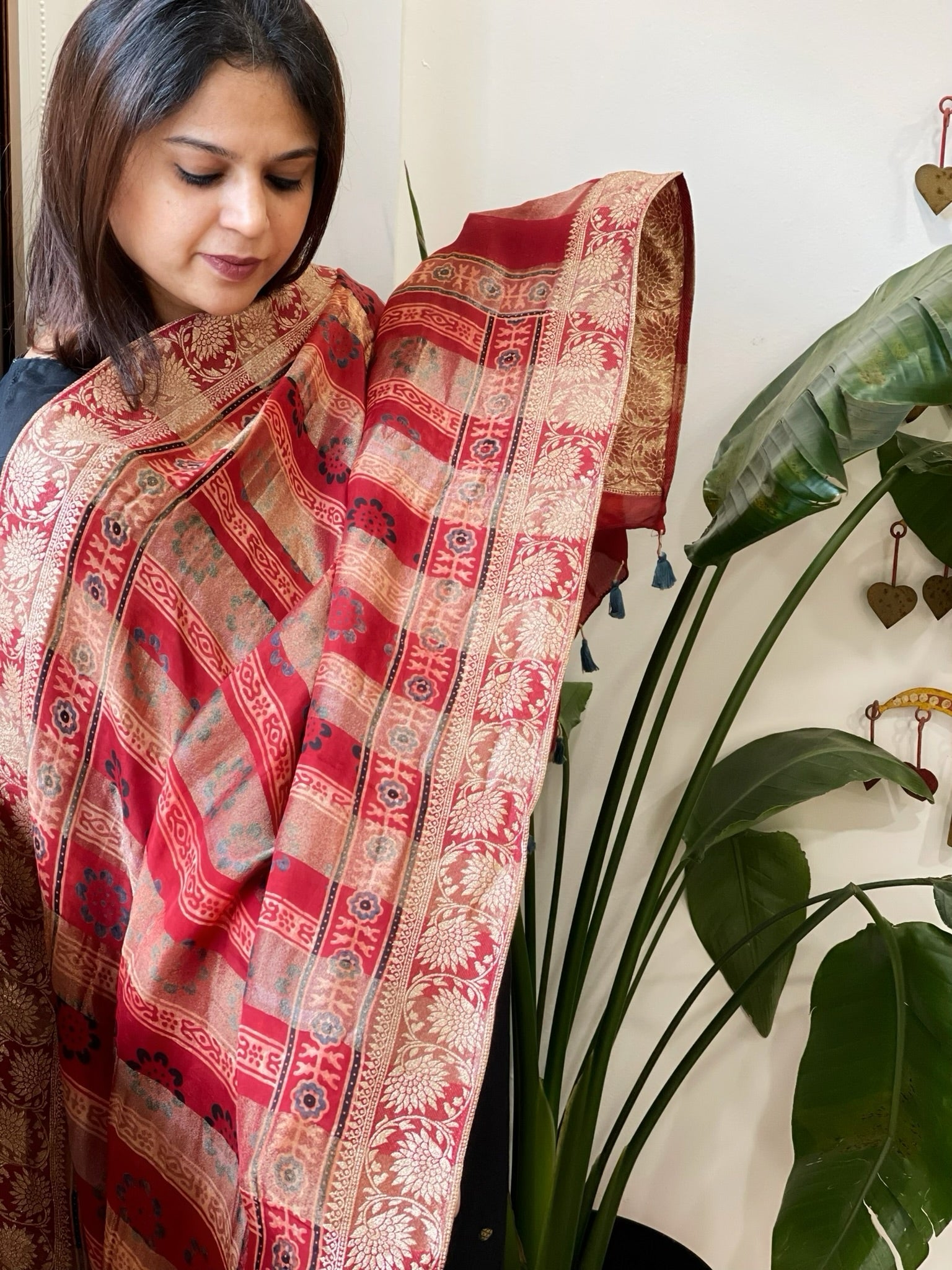 Ajrakh Handblock Printed Organza Crepe Dupatta with Banarasi Border - Masakalee