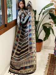 Ajrakh Handblock Printed Organza Crepe Dupatta with Banarasi Border - Masakalee