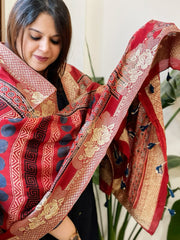 Ajrakh Handblock Printed Organza Crepe Dupatta with Banarasi Border - Masakalee