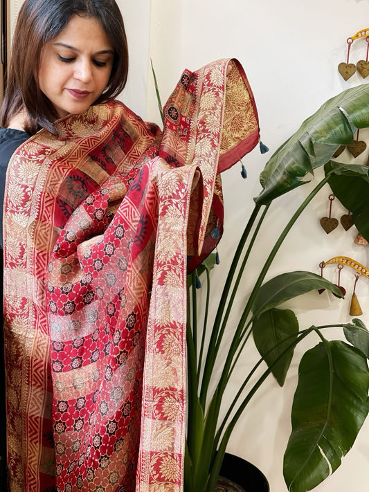 Ajrakh Handblock Printed Organza Crepe Dupatta with Banarasi Border - Masakalee