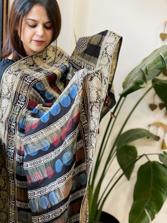Ajrakh Handblock Printed Organza Crepe Dupatta with Banarasi Border - Masakalee