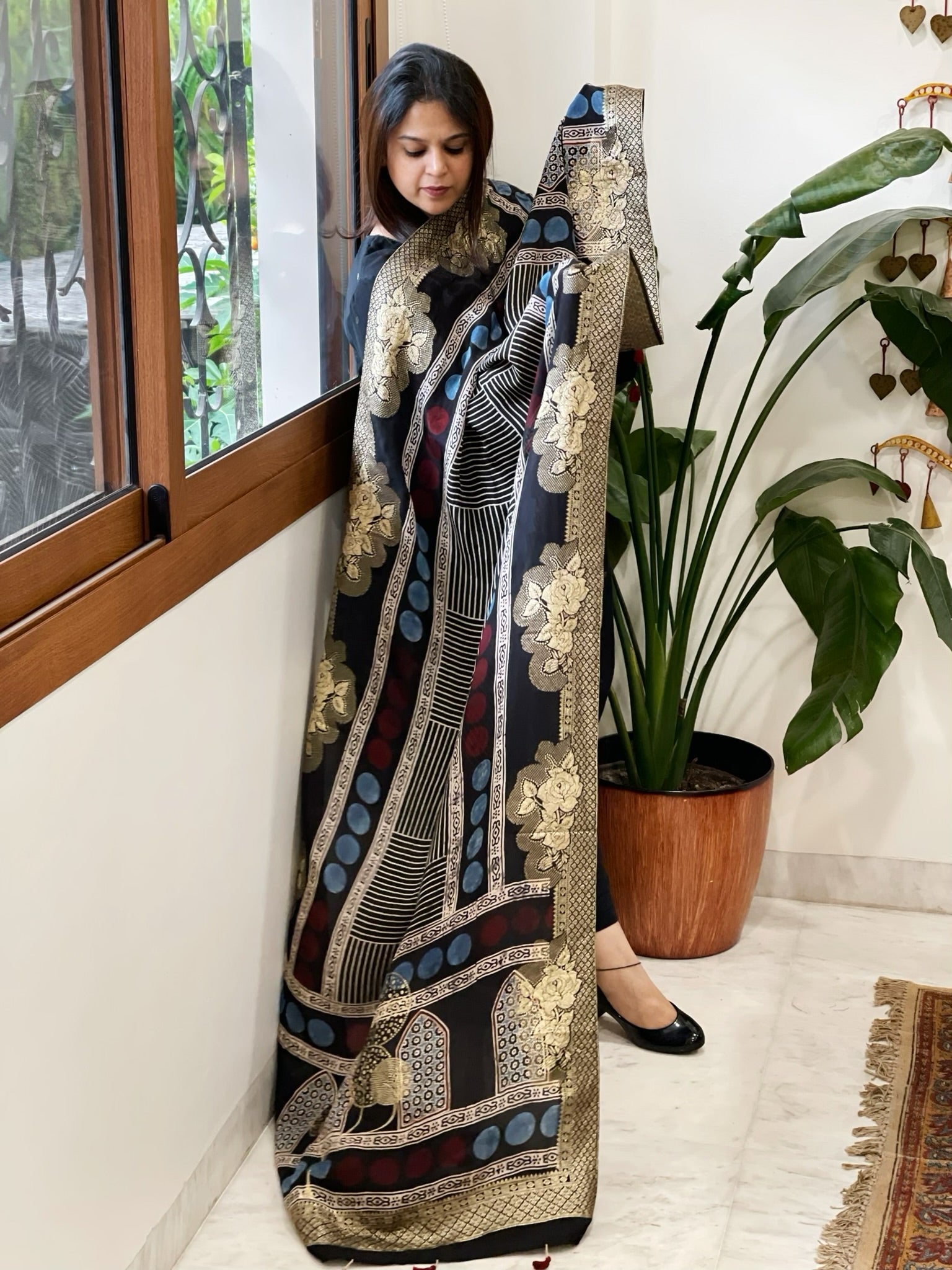 Ajrakh Handblock Printed Organza Crepe Dupatta with Banarasi Border - Masakalee