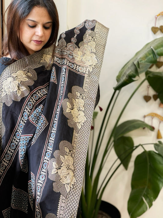 Ajrakh Handblock Printed Organza Crepe Dupatta with Banarasi Border - Masakalee