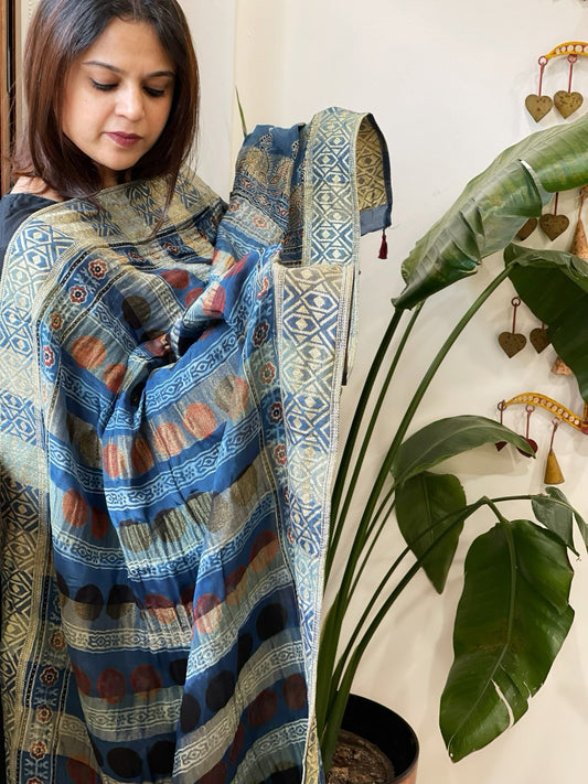 Ajrakh Handblock Printed Organza Crepe Dupatta with Banarasi Border - Masakalee