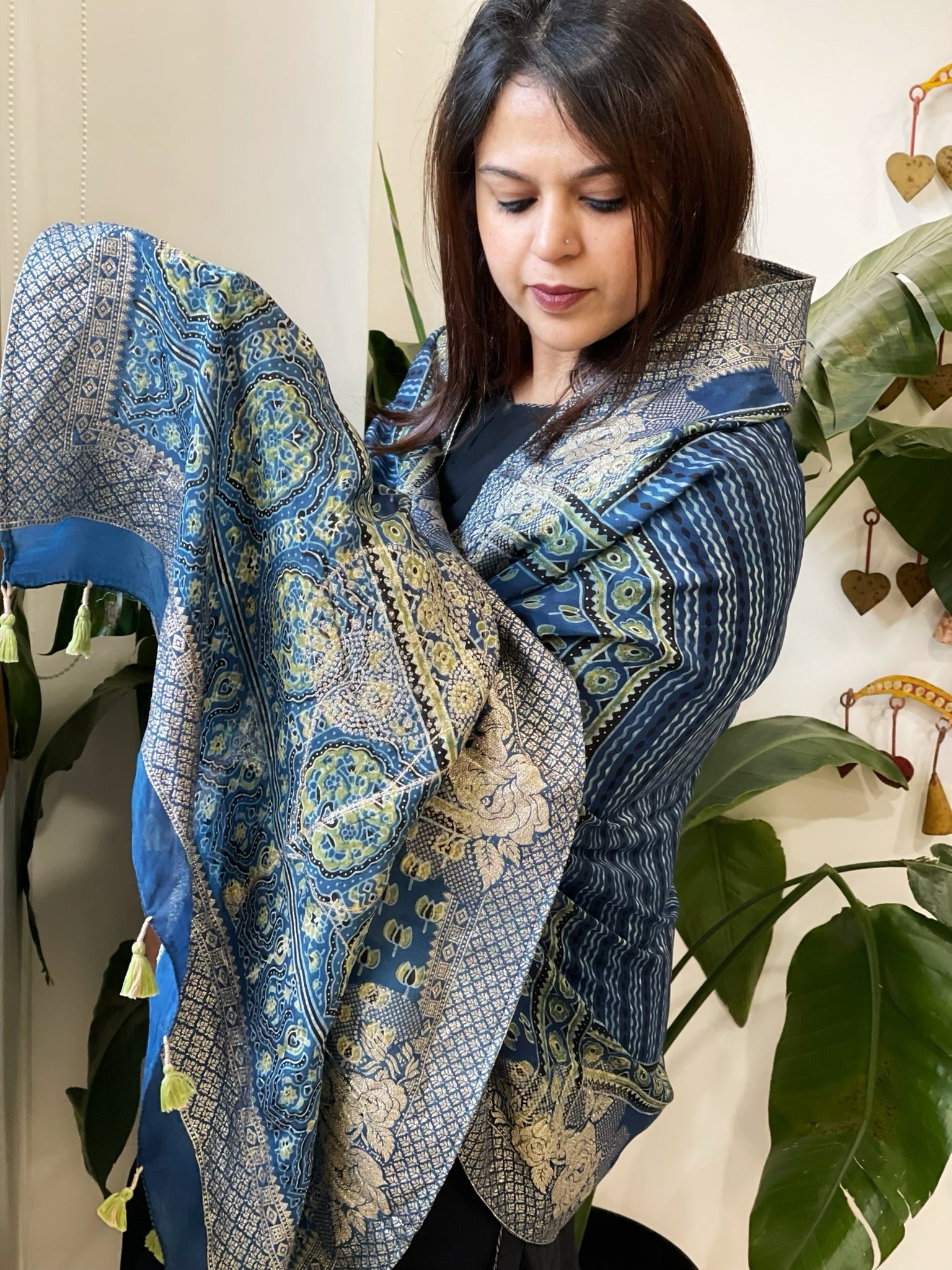 Ajrakh Handblock Printed Organza Crepe Dupatta with Banarasi Border - Masakalee