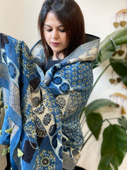 Ajrakh Handblock Printed Organza Crepe Dupatta with Banarasi Border - Masakalee