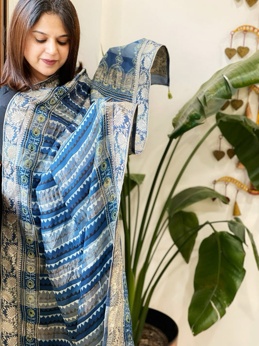 Ajrakh Handblock Printed Organza Crepe Dupatta with Banarasi Border - Masakalee