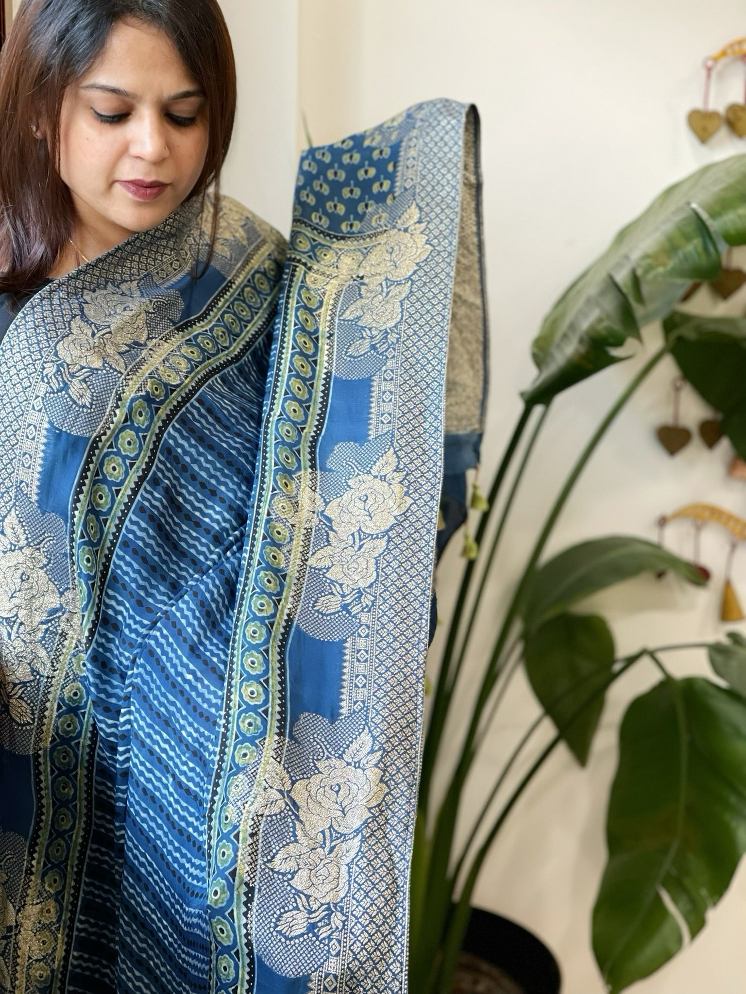 Ajrakh Handblock Printed Organza Crepe Dupatta with Banarasi Border - Masakalee