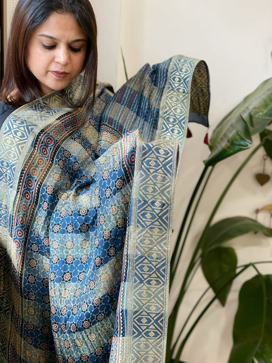 Ajrakh Handblock Printed Organza Crepe Dupatta with Banarasi Border - Masakalee
