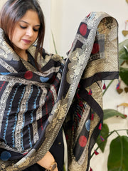 Ajrakh Handblock Printed Organza Crepe Dupatta with Banarasi Border - Masakalee