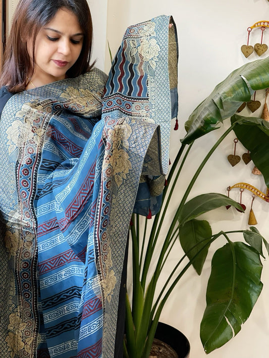 Ajrakh Handblock Printed Organza Crepe Dupatta with Banarasi Border - Masakalee