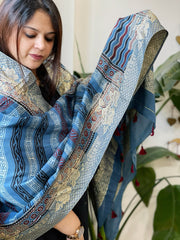 Ajrakh Handblock Printed Organza Crepe Dupatta with Banarasi Border - Masakalee