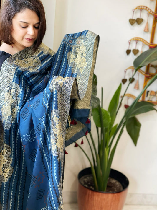 Ajrakh Handblock Printed Organza Crepe Dupatta with Banarasi Border - Masakalee