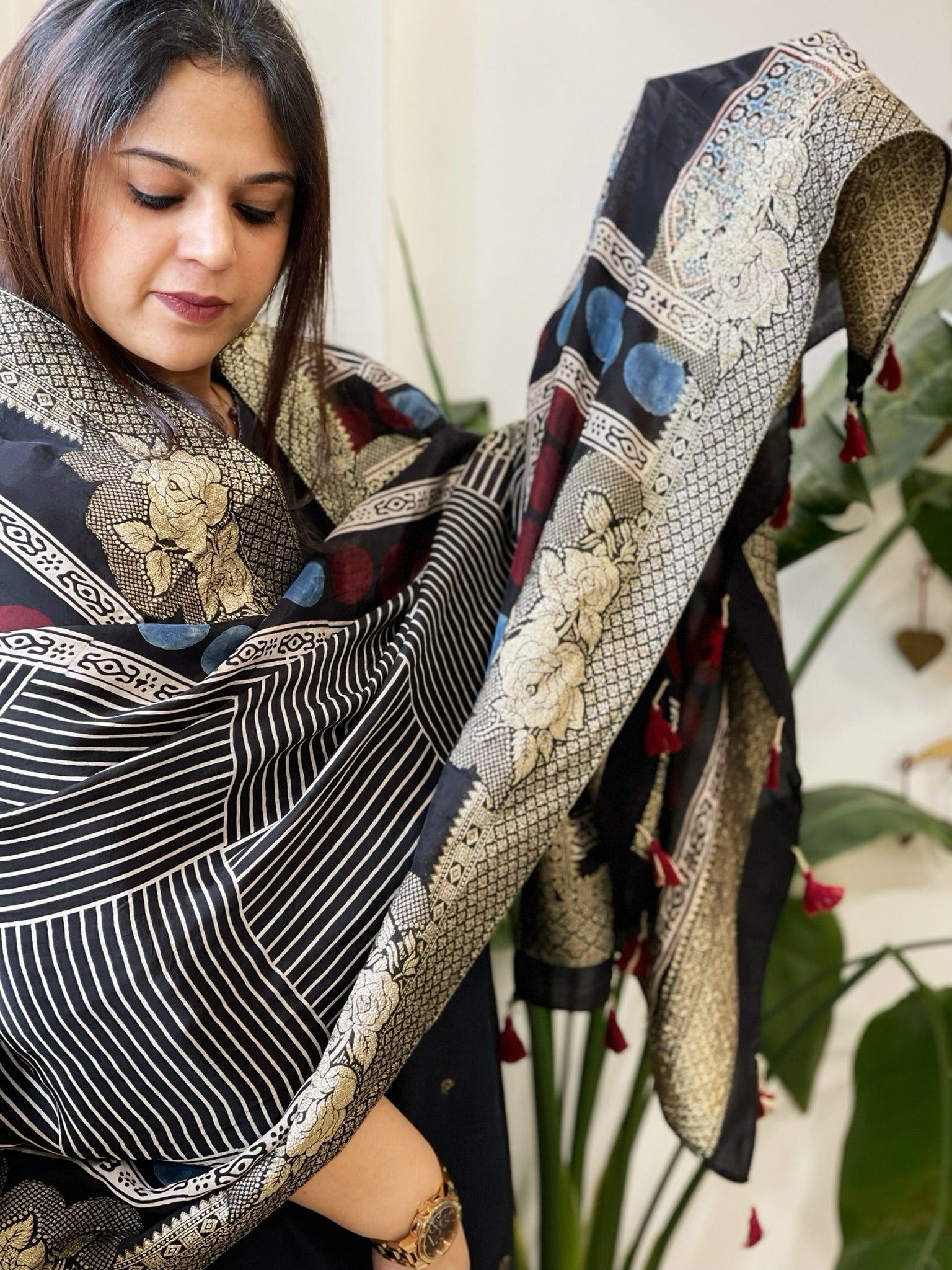 Ajrakh Handblock Printed Organza Crepe Dupatta with Banarasi Border - Masakalee