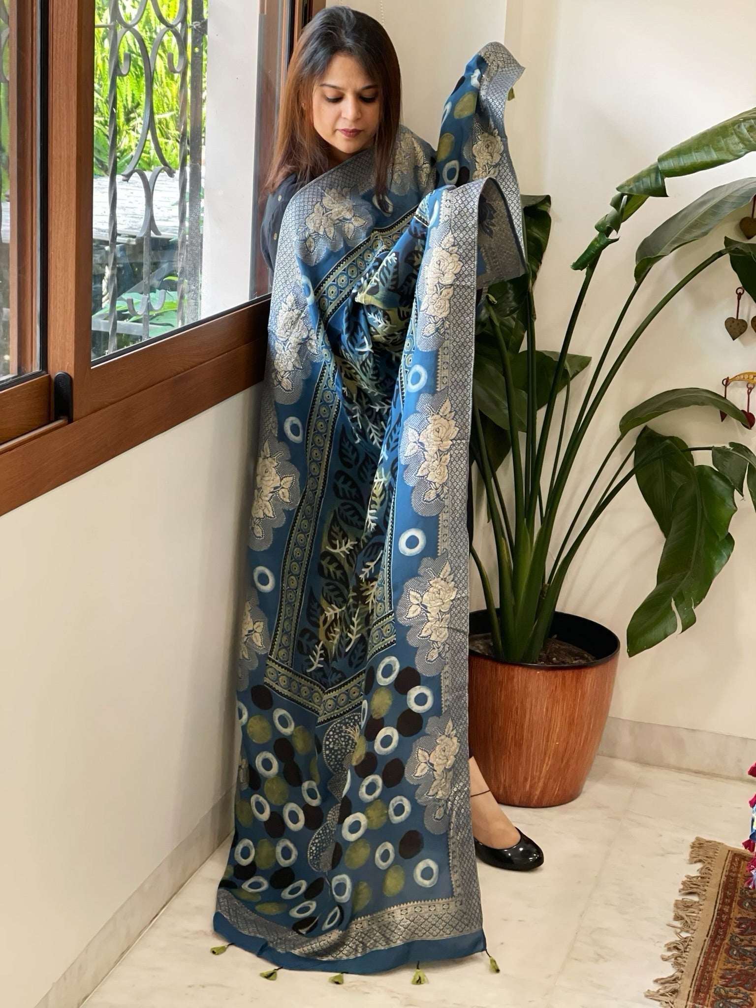 Ajrakh Handblock Printed Organza Crepe Dupatta with Banarasi Border - Masakalee