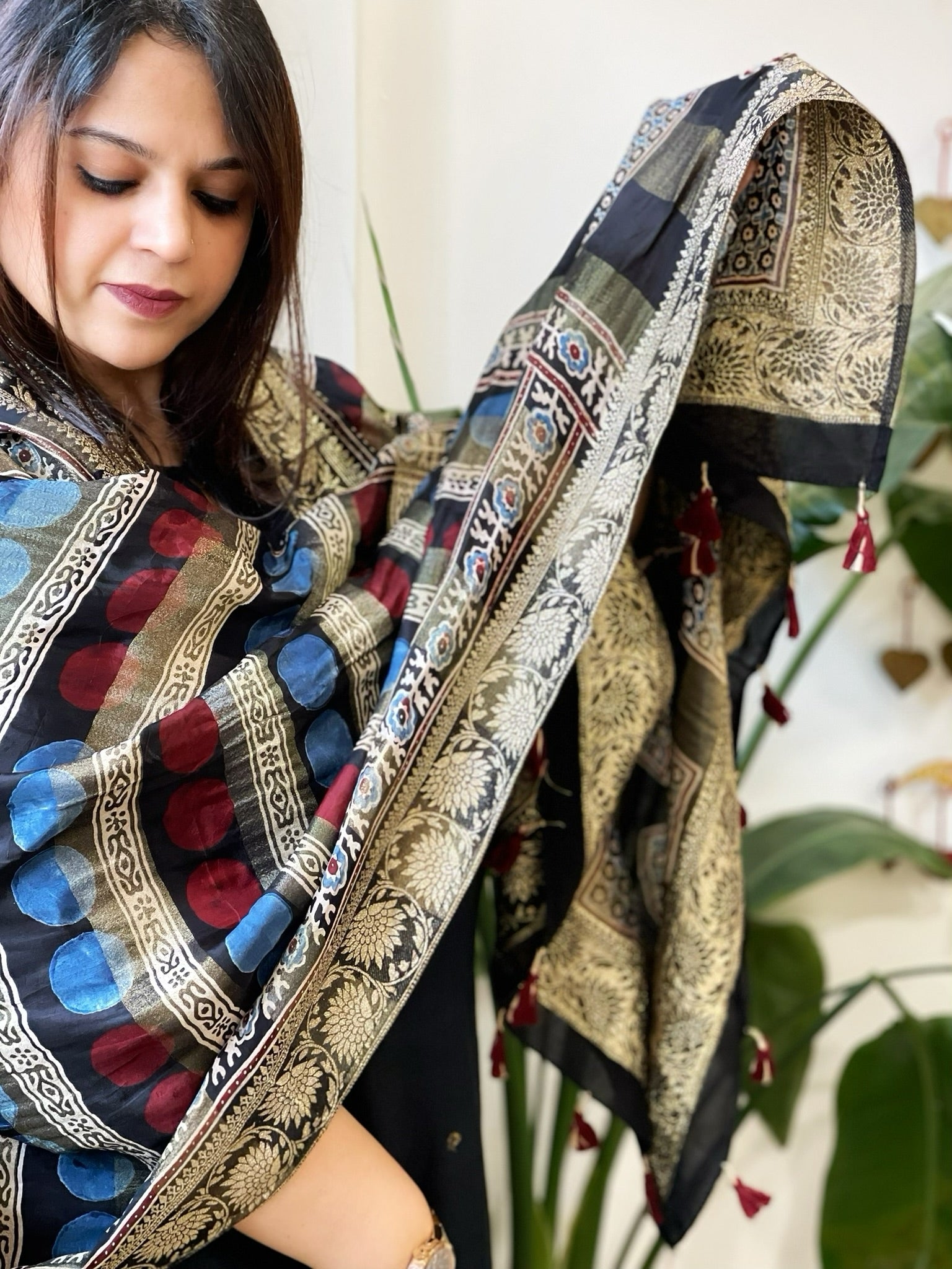 Ajrakh Handblock Printed Organza Crepe Dupatta with Banarasi Border - Masakalee