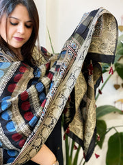 Ajrakh Handblock Printed Organza Crepe Dupatta with Banarasi Border - Masakalee