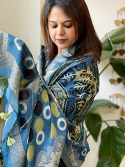 Ajrakh Handblock Printed Organza Crepe Dupatta with Banarasi Border - Masakalee