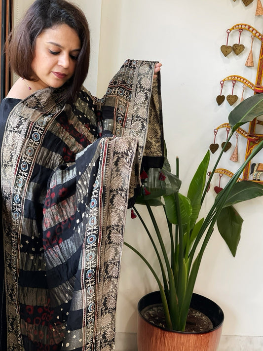 Ajrakh Handblock Printed Organza Crepe Dupatta with Banarasi Border - Masakalee