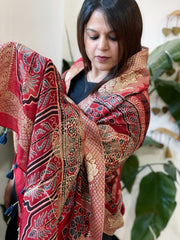 Ajrakh Handblock Printed Organza Crepe Dupatta with Banarasi Border - Masakalee