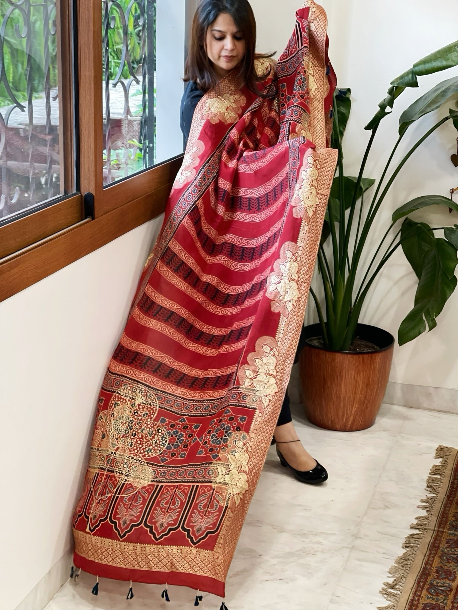 Ajrakh Handblock Printed Organza Crepe Dupatta with Banarasi Border - Masakalee