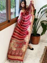 Ajrakh Handblock Printed Organza Crepe Dupatta with Banarasi Border - Masakalee