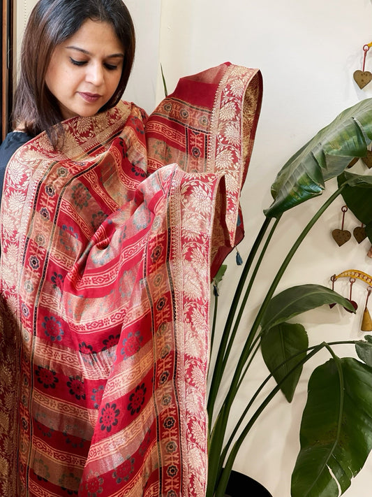 Ajrakh Handblock Printed Organza Crepe Dupatta with Banarasi Border - Masakalee