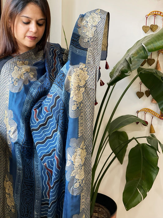 Ajrakh Handblock Printed Organza Crepe Dupatta with Banarasi Border - Masakalee
