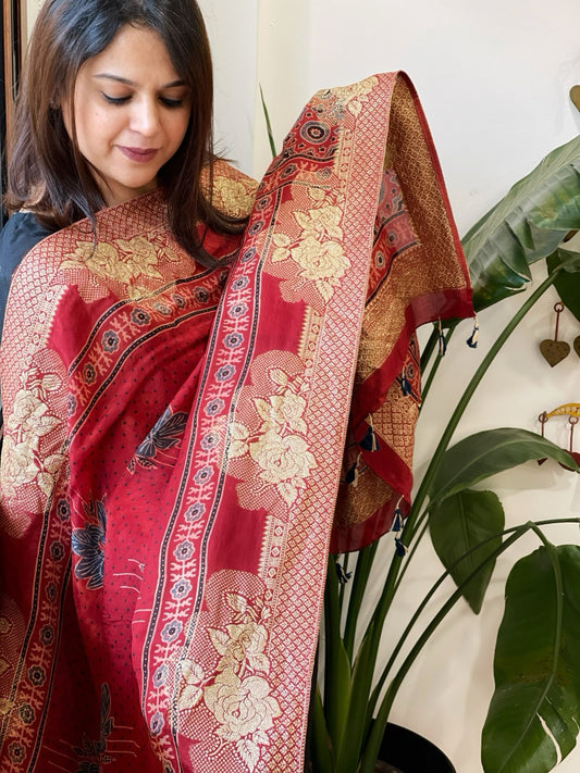 Ajrakh Handblock Printed Organza Crepe Dupatta with Banarasi Border - Masakalee