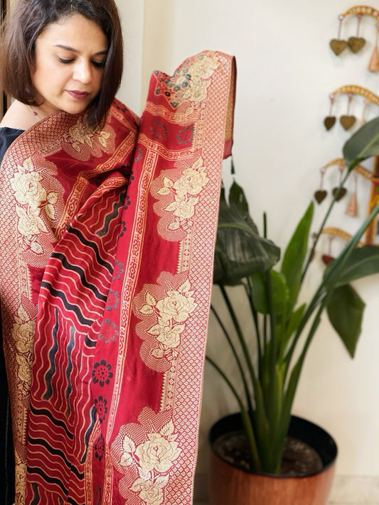 Ajrakh Handblock Printed Organza Crepe Dupatta with Banarasi Border - Masakalee