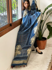 Ajrakh Handblock Printed Organza Crepe Dupatta with Banarasi Border - Masakalee