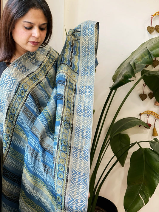 Ajrakh Handblock Printed Organza Crepe Dupatta with Banarasi Border - Masakalee