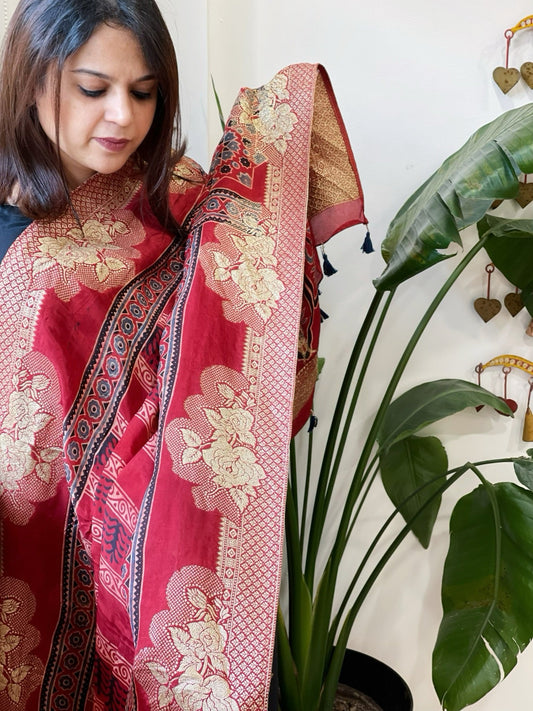 Ajrakh Handblock Printed Organza Crepe Dupatta with Banarasi Border - Masakalee