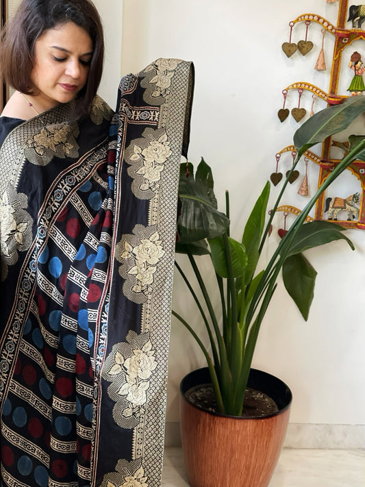 Ajrakh Handblock Printed Organza Crepe Dupatta with Banarasi Border - Masakalee