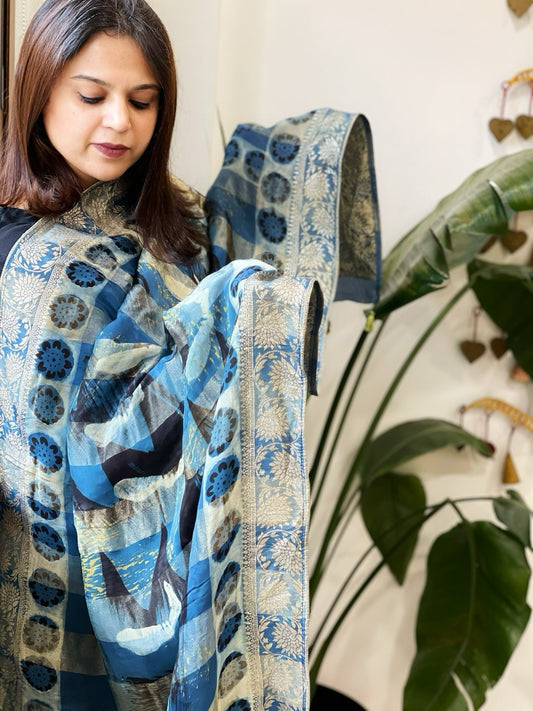 Ajrakh Handblock Printed Organza Crepe Dupatta with Banarasi Border - Masakalee
