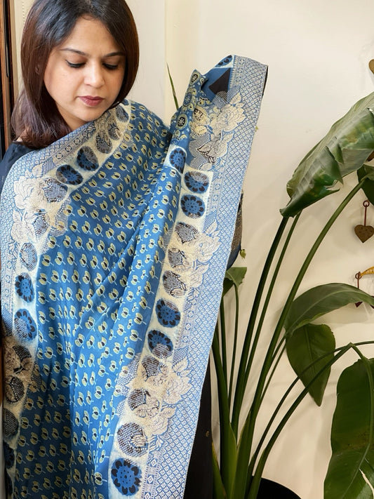 Ajrakh Handblock Printed Organza Crepe Dupatta with Banarasi Border - Masakalee