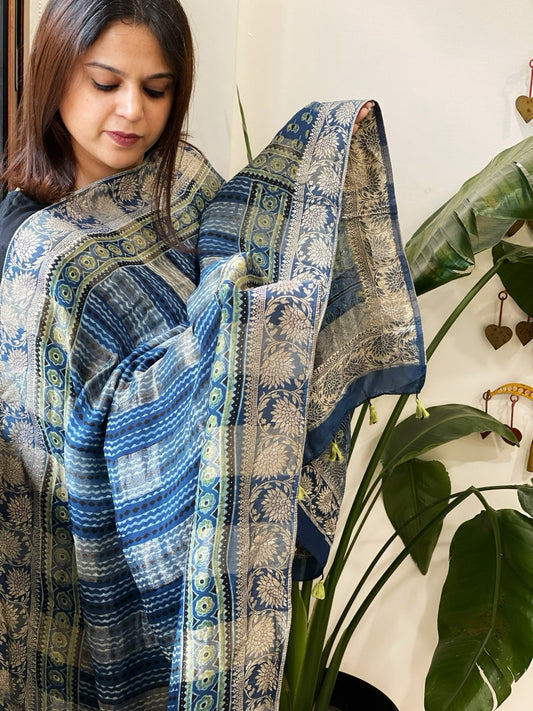 Ajrakh Handblock Printed Organza Crepe Dupatta with Banarasi Border - Masakalee