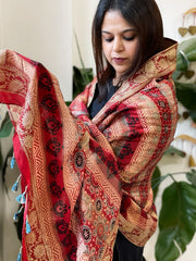 Ajrakh Handblock Printed Organza Crepe Dupatta with Banarasi Border - Masakalee