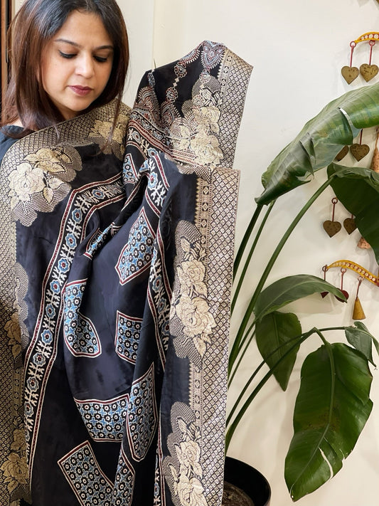 Ajrakh Handblock Printed Organza Crepe Dupatta with Banarasi Border - Masakalee