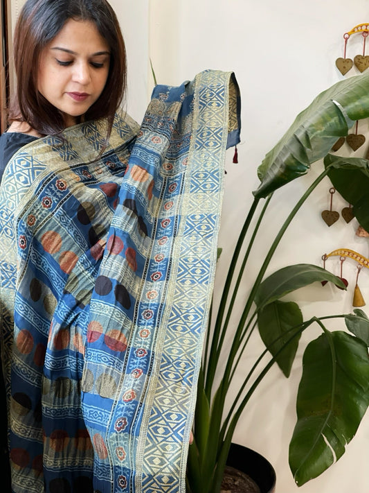 Ajrakh Handblock Printed Organza Crepe Dupatta with Banarasi Border - Masakalee