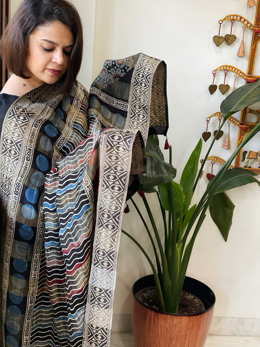 Ajrakh Handblock Printed Organza Crepe Dupatta with Banarasi Border - Masakalee